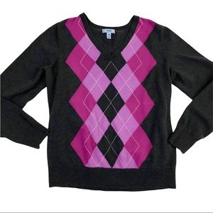 Izod Y2K pink & gray argyle academia sweater Sz L